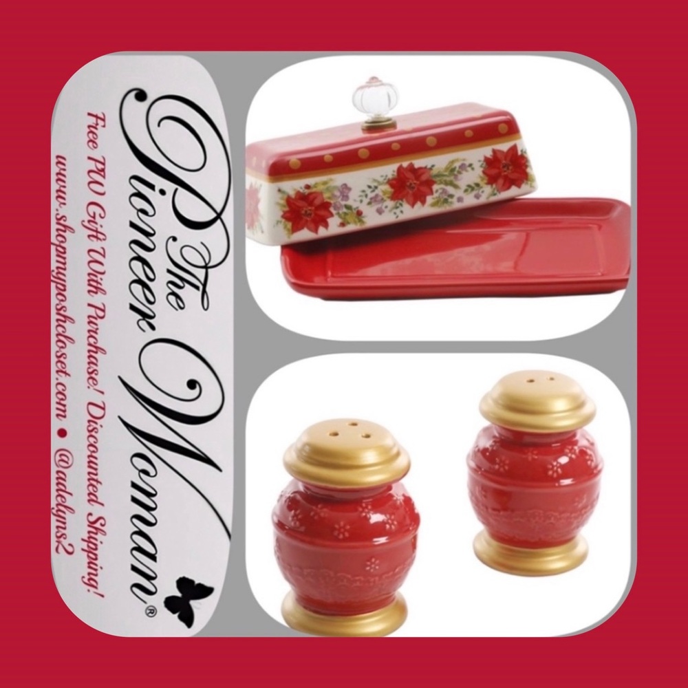 🌺 EUC Pioneer Woman Retired Holiday Red Butter Dish Tray Salt & Pepper Shaker